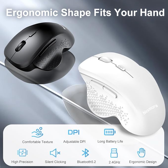 Bluetooth Mouse, Wireless Mouse, Ergonomic Mouse, 2.4GHz with USB Receiver, 1600 DPI Optical Tracking, Quiet Clicks, Computer Mouse for Laptop, PC, Notebook (White)