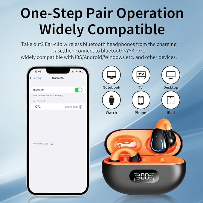 Open Ear Headphones Clip On Mini Earbuds Bluetooth 5.3 Wireless Earbuds 48 Hours Playtime IPX7 Waterproof Sports Bone Conduction Headphones Bluetooth for Workout Driving Walking with iPhone Android