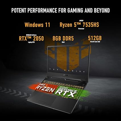 ASUS TUF Gaming A15 (2024) Gaming Laptop, 15.6” FHD 144Hz Display, NVIDIA® GeForce RTX™ 2050, AMD Ryzen™ 5 7535HS, 8GB DDR5, 512GB PCIe® Gen4 NVMe™ SSD, Wi-Fi 6, Windows 11, FA506NF-ES51