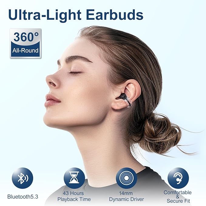 Open Ear Earbuds, Wireless Earbuds Bluetooth Headphones Bluetooth Earbuds Clip On Earbuds, Bluetooth 5.3 IPX7 Waterproof Charging case Ultra-Light Earbuds Built-in Mic 43H Playtime