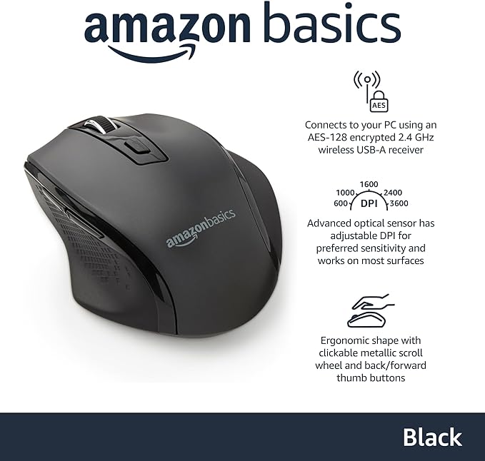 Amazon Basics Ergonomic 2.4 GHz Wireless Optical Mouse, DPI adjustable, Compatible with PC, Mac, Laptop - Black